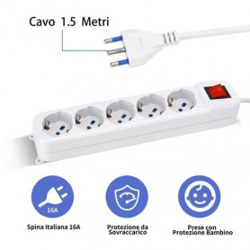 MULTIPRESA A 5 VIE CON INTERRUTTORE 16A  1,5M  3G1.0MM² BIANCA